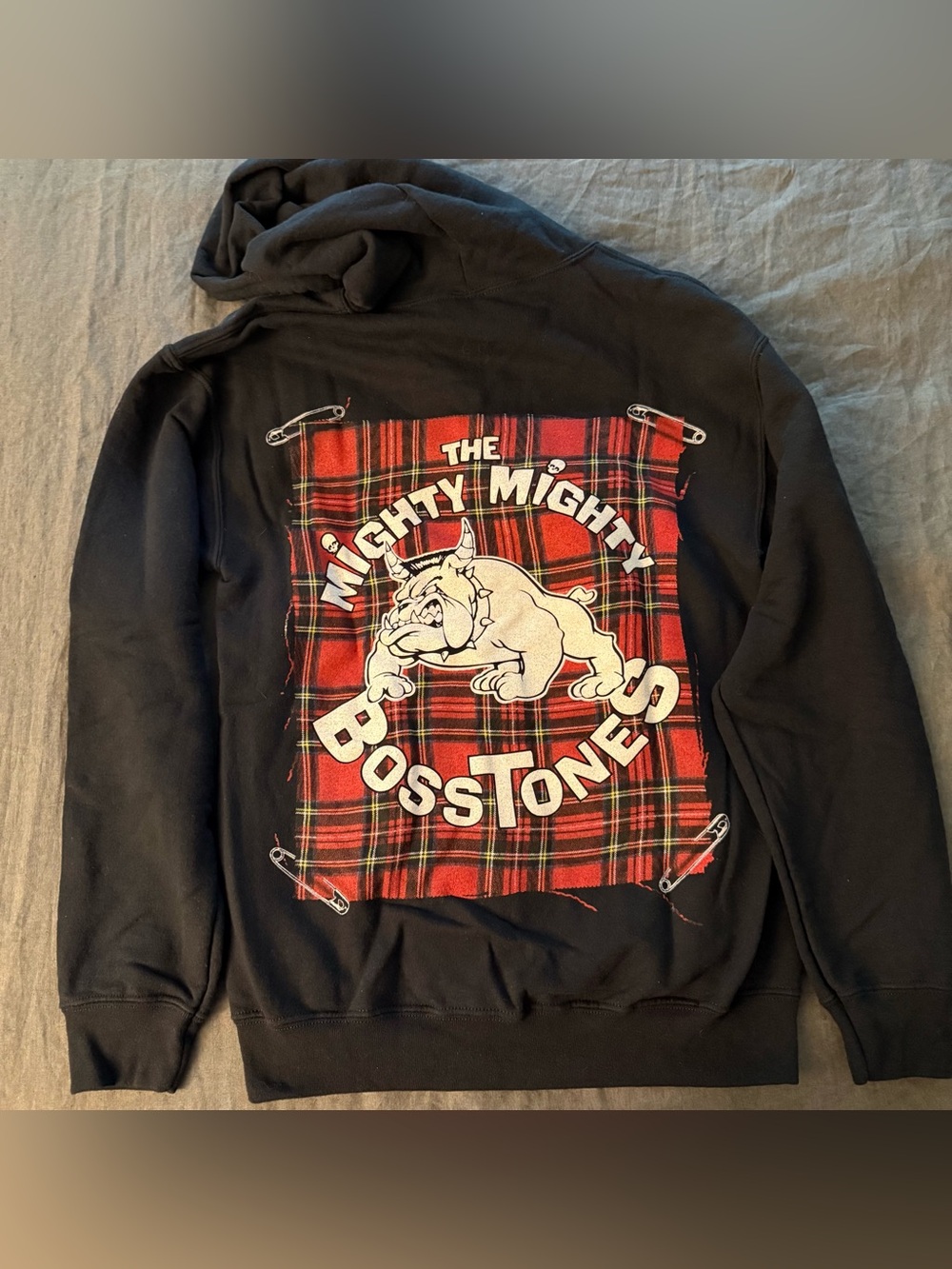 Vintage Mighty Mighty Bosstones Black Hoodie with Red Plaid Bulldog Graphic